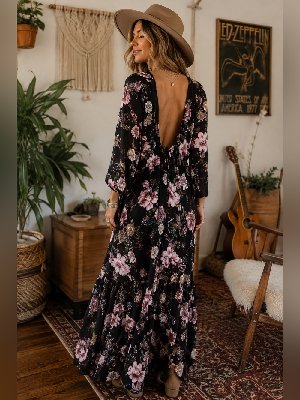 AFRM Black Floral Maxi Dress with Pink and White Blooms XL